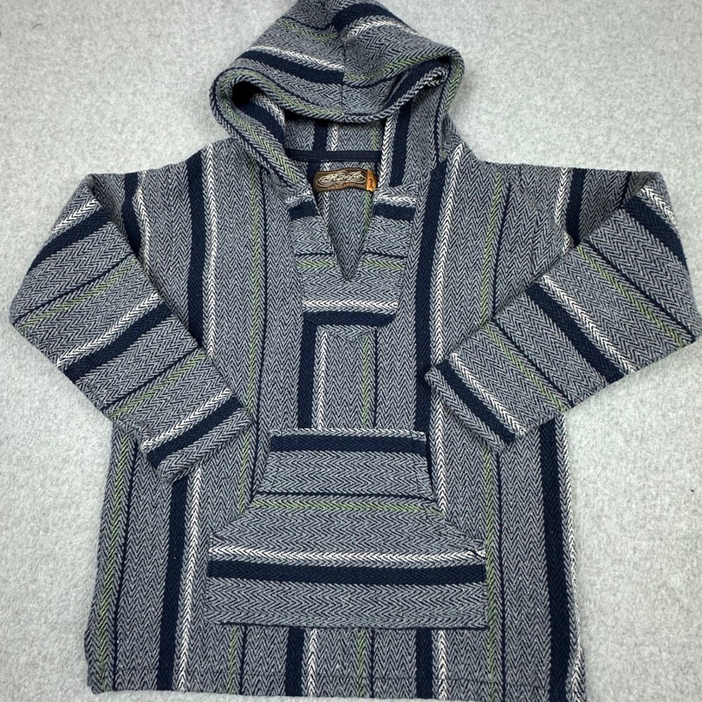 Retrofit Baja Hoodie Baja Poncho Gray Blue Striped Large Handmade Mexico